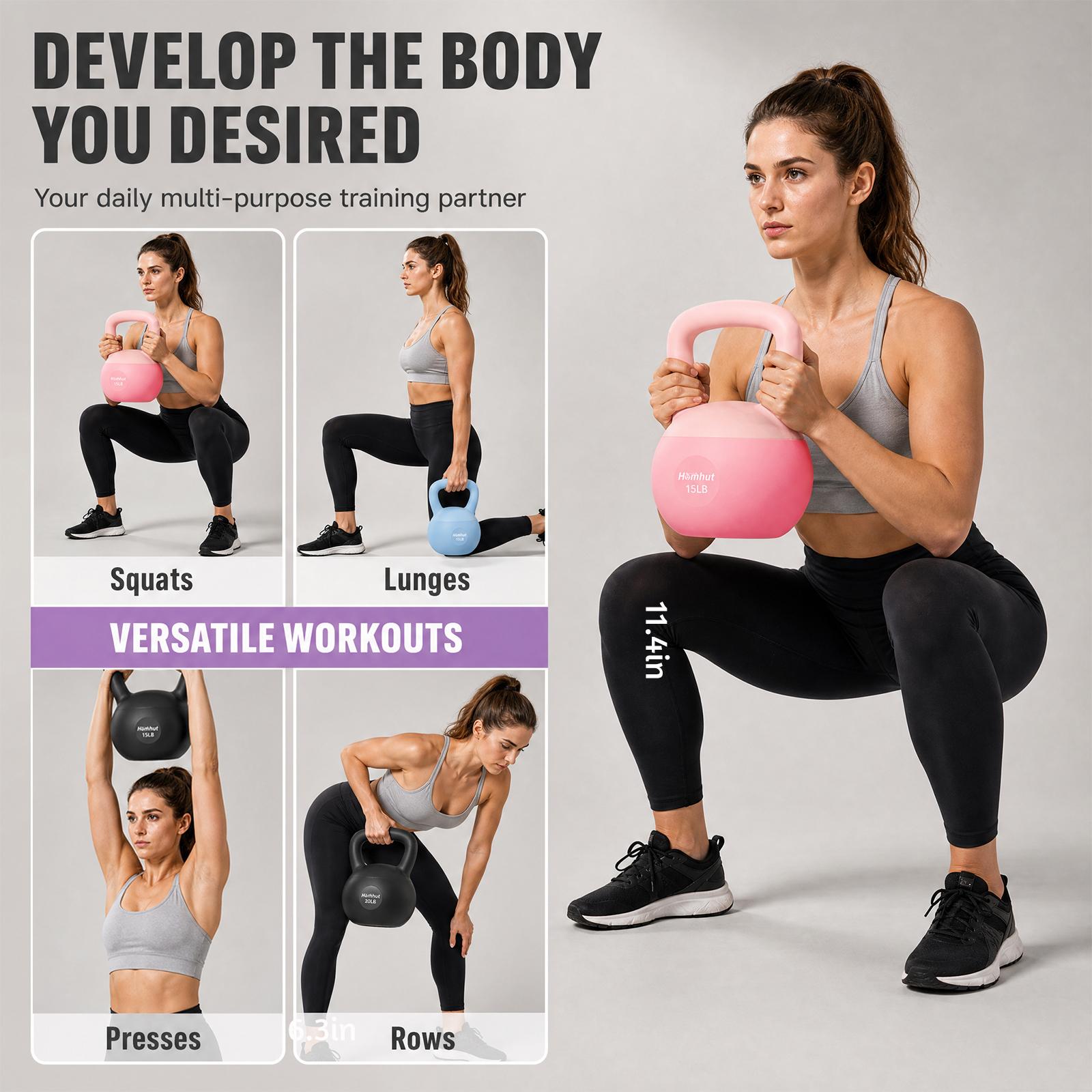 Soft Anti-Collision Shock Absorbing Kettlebell 10 15 20 LB, Non-Scratch Non-Slip Vinyl Hand Weight for Women Home Workout, Strength Training, Shockproof