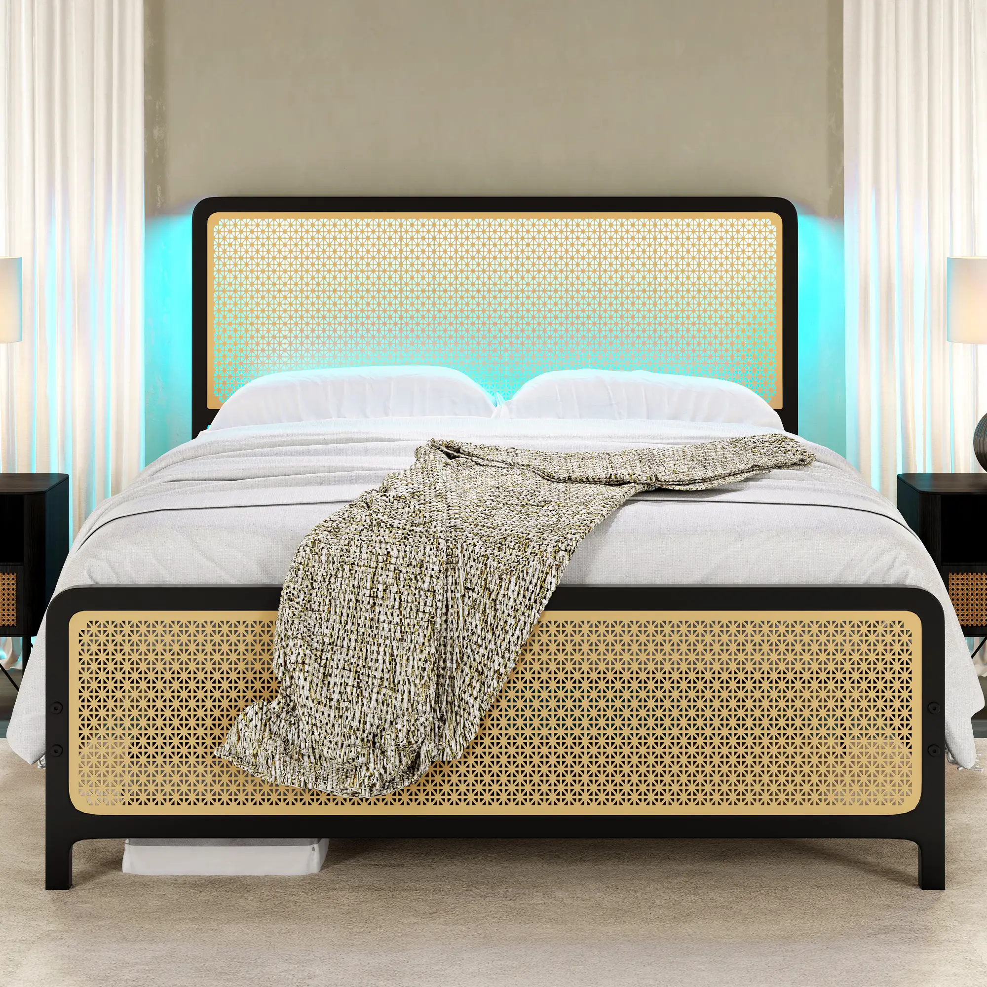 AMERLIFE Queen Size Bed Frame with Metal Rattan Headboard and Footboard, Queen Platform Bed Frame with LED Lighted Headboard