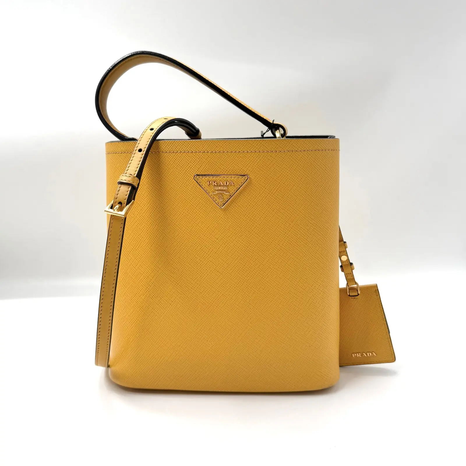 Pre-owned PRADA AS Shown tote bags hz 5550 mustard yellow Saffiano leather bucket bag 26.06.23