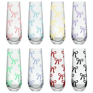 Set of 4/8 Bow Pattern Stemless Champagne Flutes, Cocktail Glasses, 8oz/240ML Prosecco, Mimosa Glasses, Great for Weddings and Parties