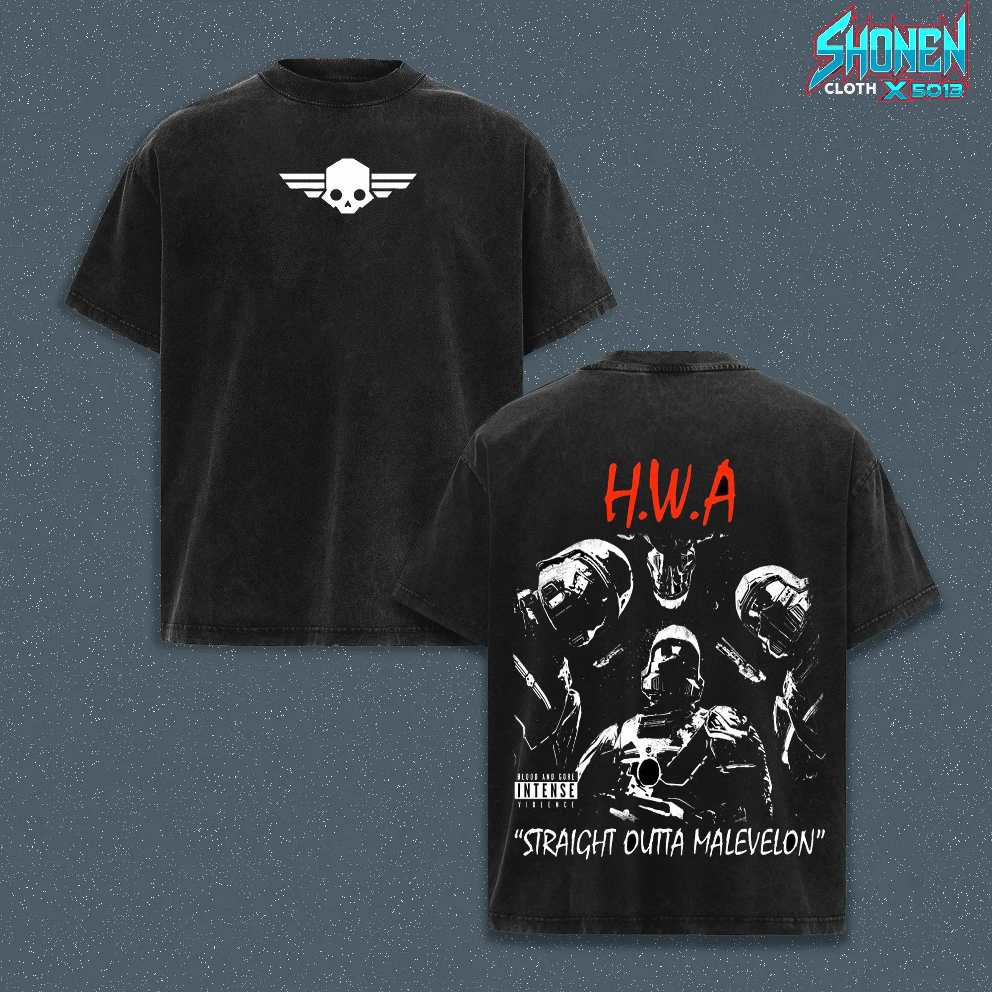 Helldivers 2 Straight Outta Malevelon Washed Black Top, HWA Galactic War Sci-Fi Graphic Apparel, Charcoal Grey Distressed Texture Drop Shoulder Loose Fit Outfits