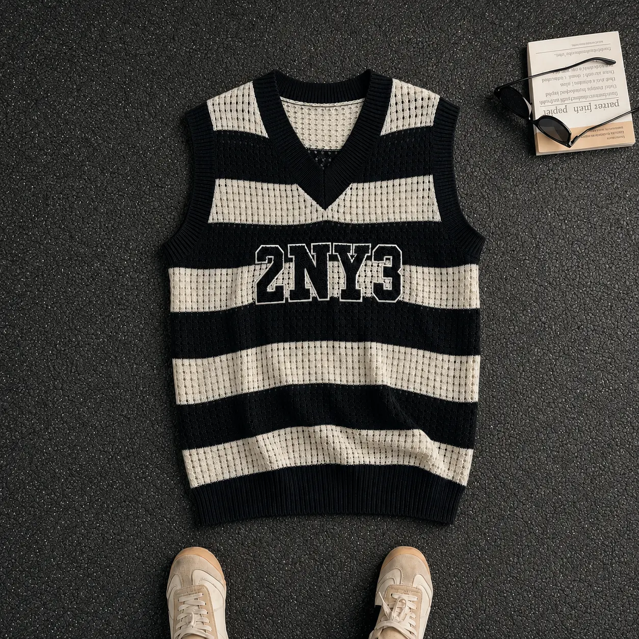 HYPESTFIT Men’s Striped Knit V-Neck Sleeveless Open-Weave Lightweight Sweater Vest for Summer Casual Streetwear