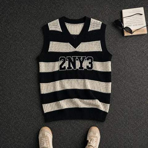 HYPESTFIT Men’s Striped Patchwork Knit V-Neck Sleeveless Open-Weave Lightweight Sweater Vest - Summer Casual Streetwear Top