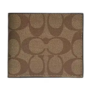 COACH Billfold Wallet for Men – Compact Fold-Over Style in Khaki Leather, PVC, and Canvas