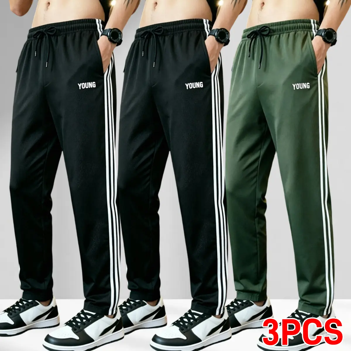 3-Pack Men’s High-Stretch Polyester Athletic Pants – Four-way stretch breathable pants with 2 zippered pockets and elastic waistband, moisture-wicking and wrinkle-resistant, suitable for gym, running, and streetwear.