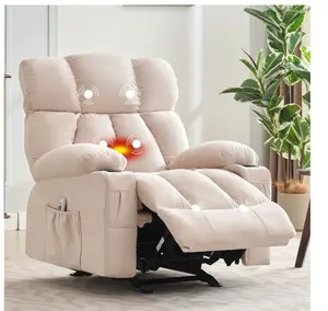 Manual Recliner Chair with Heat Therapy and Massage Function, Heavy Duty Reclining Mechanism Massage Chair, Elderly Single Rocker Sofa with Cup Holders for Bedroom Home Theater,Beige