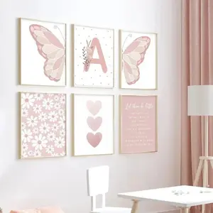 Pink Butterfly Oil Painting Wall Art Aesthetic Daisy Flower Poster Cute Canvas Print for Girls Room Decor Nursery Art