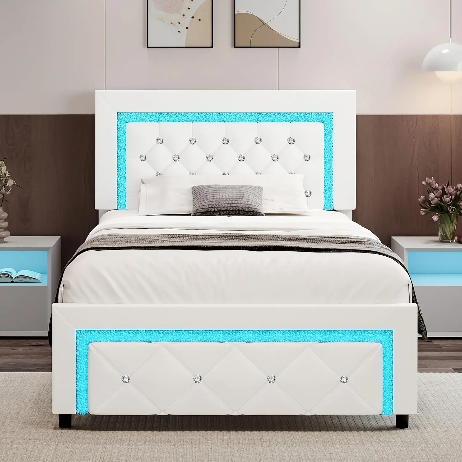 [SummerWins] HOMBCK Twin Full Queen Bed Frame with LED Lights, Upholstered Platform Bed with Diamond Tufted Headboard, No Box Spring Needed, Noise Free, Easy Assembly, White summer garden,fathers day gift ideas#home essentials#back to school