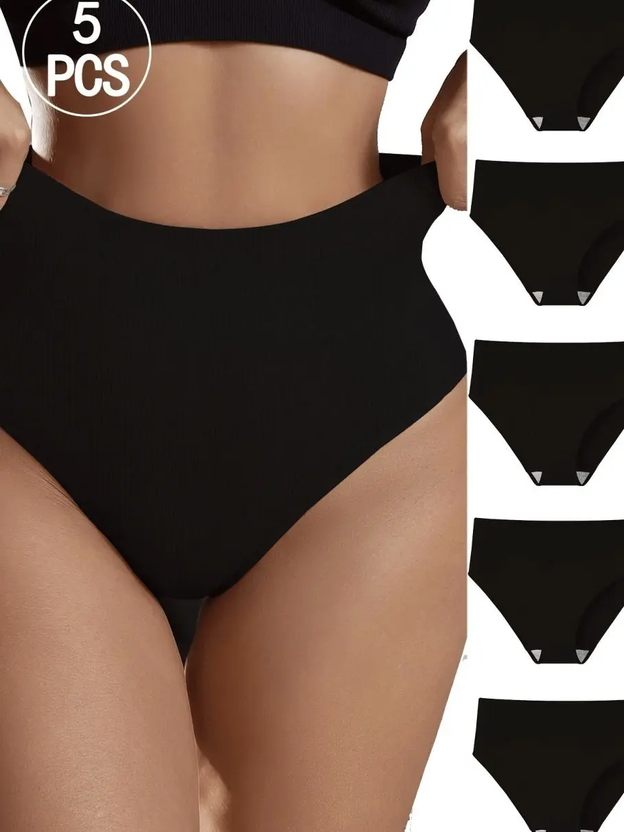 5PCS High Waist Tight Tummy Control Solid Color Seamless Triangle Panties, Minimalist Fashion, Suitable For Daily Wear Or Sports
