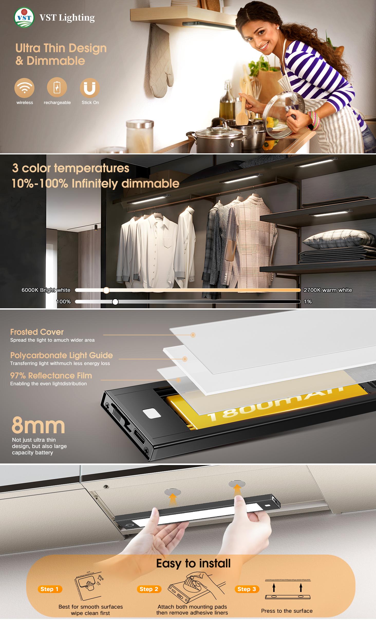 VST 72 LEDs Motion Sensor Lights Indoor 3 Color Temps, Dimmable Under Cabinet Lighting, 1800mAh Rechargeable Step Light, Cordless Night Light for Stair, Wardrobe, Kitchen 2 Pack