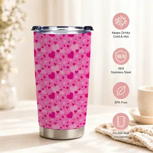 Pink Mini Hearts Pattern Tumbler Cup, 20oz Premium 18/8 Stainless Steel Coffee Tumbler for Women, All-Over Heart Print Double Wall Insulated Cup