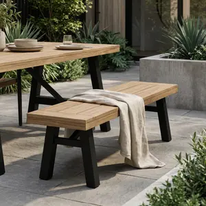 Outdoor Bench with Slat Panel Design, Acacia Wood Frame, Natural and Grey Finish, Patio Garden Deck Seating, 2-Person Capacity, Weather-Resistant Wooden Bench for Porch, Backyard, and Outdoor Spaces, Home Furniture and Household Product Search