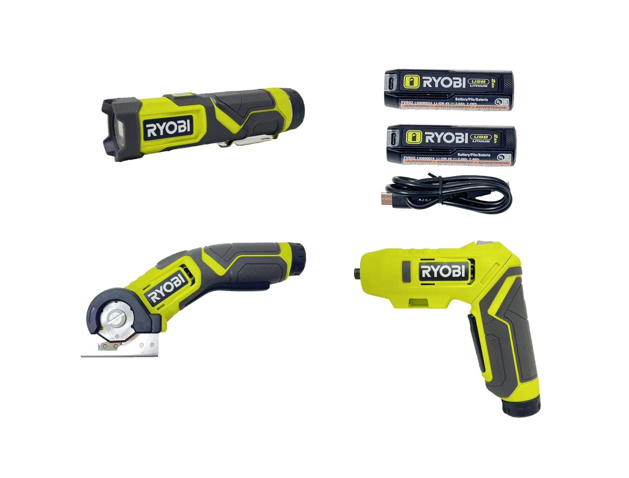Ryobi 4 Volt USB 3-Tool Combo Kit with FVD50 Screwdriver, FVL51 LED Flashlight, FVC51 Power Cutter, 2 Batteries & Charging Cord