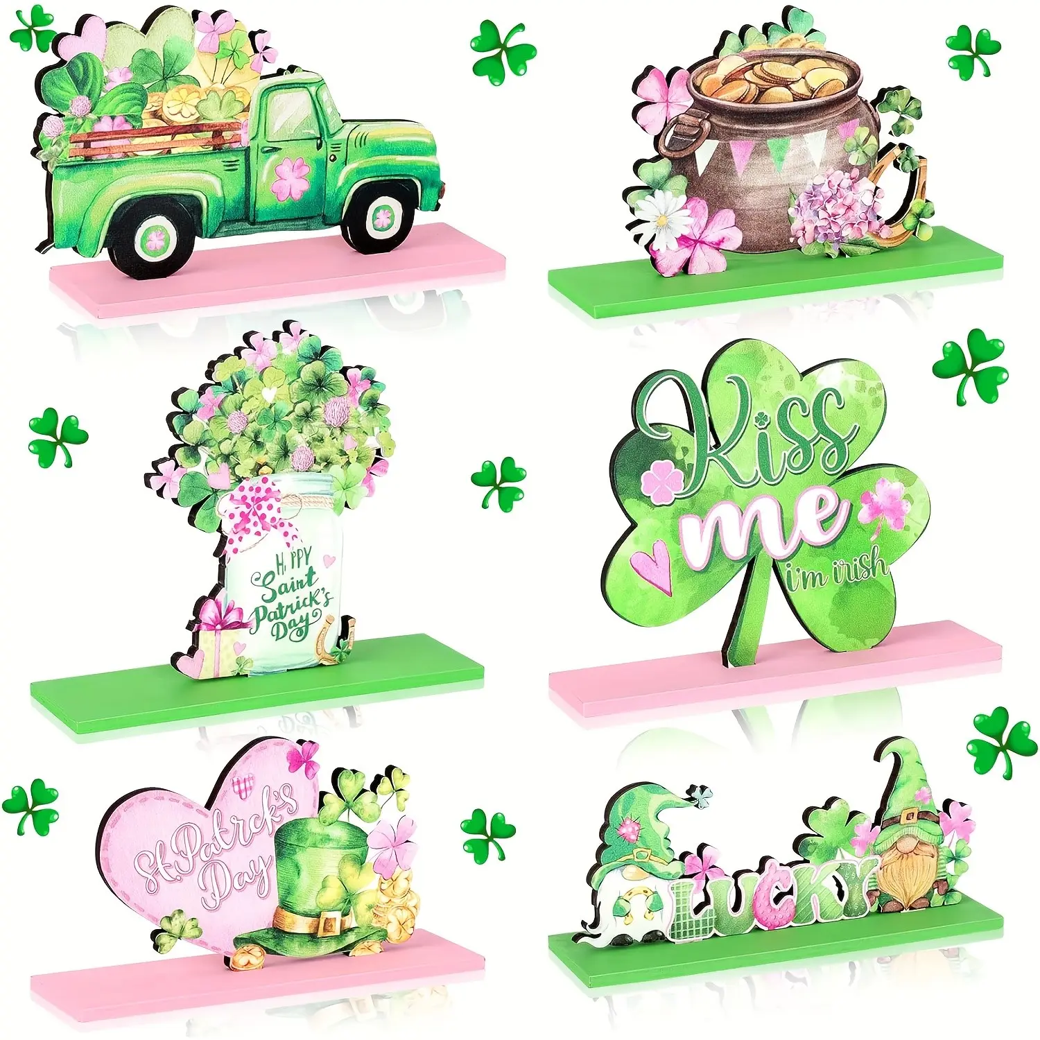 St Patrick's Day Table Decorations Set, 2D Flat 6-Piece Shamrock Centerpiece Sign, Dwarf Truck Wooden Sign, Party Decoration, Decorative Props