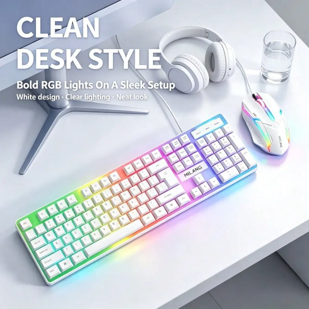 RGB Backlit Wired Full-Size Mechanical Feel Gaming Keyboard and Mouse Combo, Colorful LED Light-Up Set, Ergonomic USB Kit for PC Laptop Desktop Indoor Recreation Use