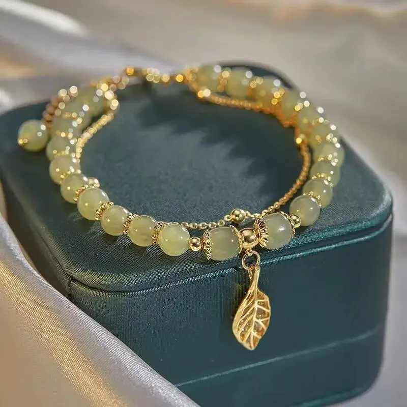 Chinese Style Green Jade Bracelet For Women Exquisite Leaves Wrist Strap Bangle Double Chain Bracelet Valentine’s Day Gifts Chinese Style Green Jade Bracelet For Women Exquisite Leaves Wrist Strap Bangle Double Chain Bracelet Valentine’s Day Gifts