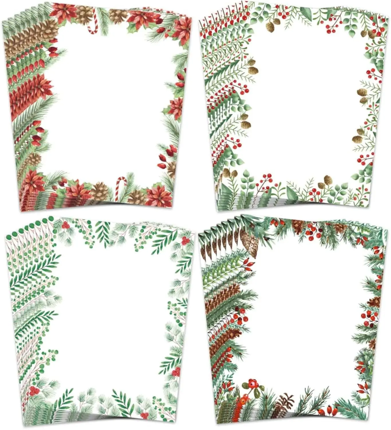 AnyDesign 60Pcs Christmas Stationery Paper 4 Design Christmas Green Plants Border Letterhead Winter Decorative Writing Paper for Xmas Notes Greeting Cards Invitation Office School Printing, 8.5 x 11
