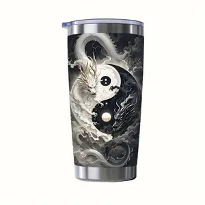 20oz Yin Yang Dragon Insulated Tumbler - Tai Chi Double Dragon Design, Stainless Steel Thermos Cup with Leak-Proof Lid, Hot & Cold Portable Bottle, Creative Gift for Valentine's Day & Birthday