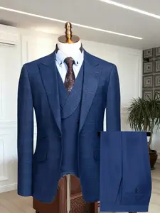 Men's Suit Plaid 3pcs Set Jacket + Vest + Pants with Pockets, business, Casual, Exquisite Suits, Wedding Suits