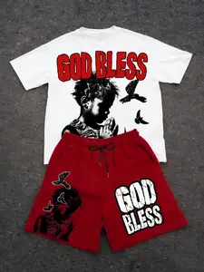 Unisex White & Red "God Bless" 2-Piece Shorts Set | Praying Kid Print + Soft & Breathable Fabric | Hip-Hop Streetwear Outfit, Ideal for Daily Wear, Parties & Urban Street Style