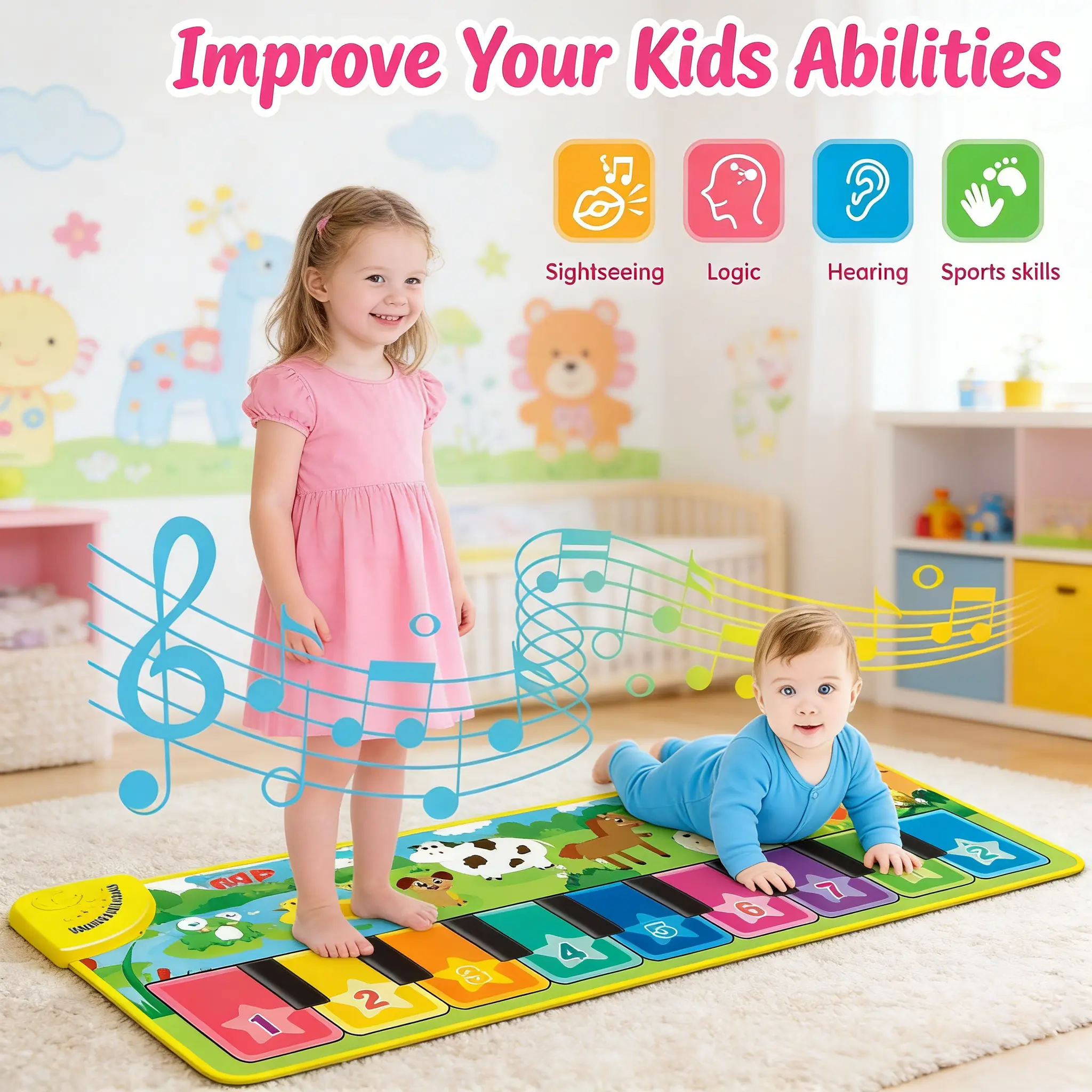 Baby Musical Learning Toy, Floor Piano Playmat with Touch Keyboard, Includes Animal Flash Cards and Music Sounds, Sensory Play for Toddlers, Birthday Gift for Baby Boys and Girls