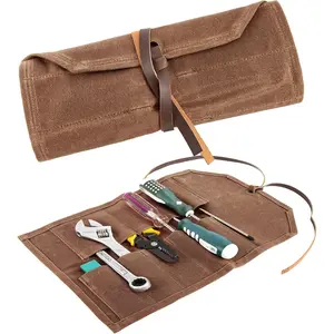 10Slots Heavy Duty Waxed Canvas Tool Roll Up Pouch Bag with Leather Rope, Tool Roll Organizer for Mechanic Electrician Plumber Carpenter