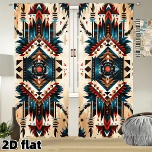 2D Flat 2Pcs Bohemian Aztec Pattern Curtains Southwest Native American Design Rod Pocket Semi Sheer Polyester Drapes Living Room Bedroom Balcony Kitchen Window Treatment Home Decor Privacy Protection Home Decoration Curtain