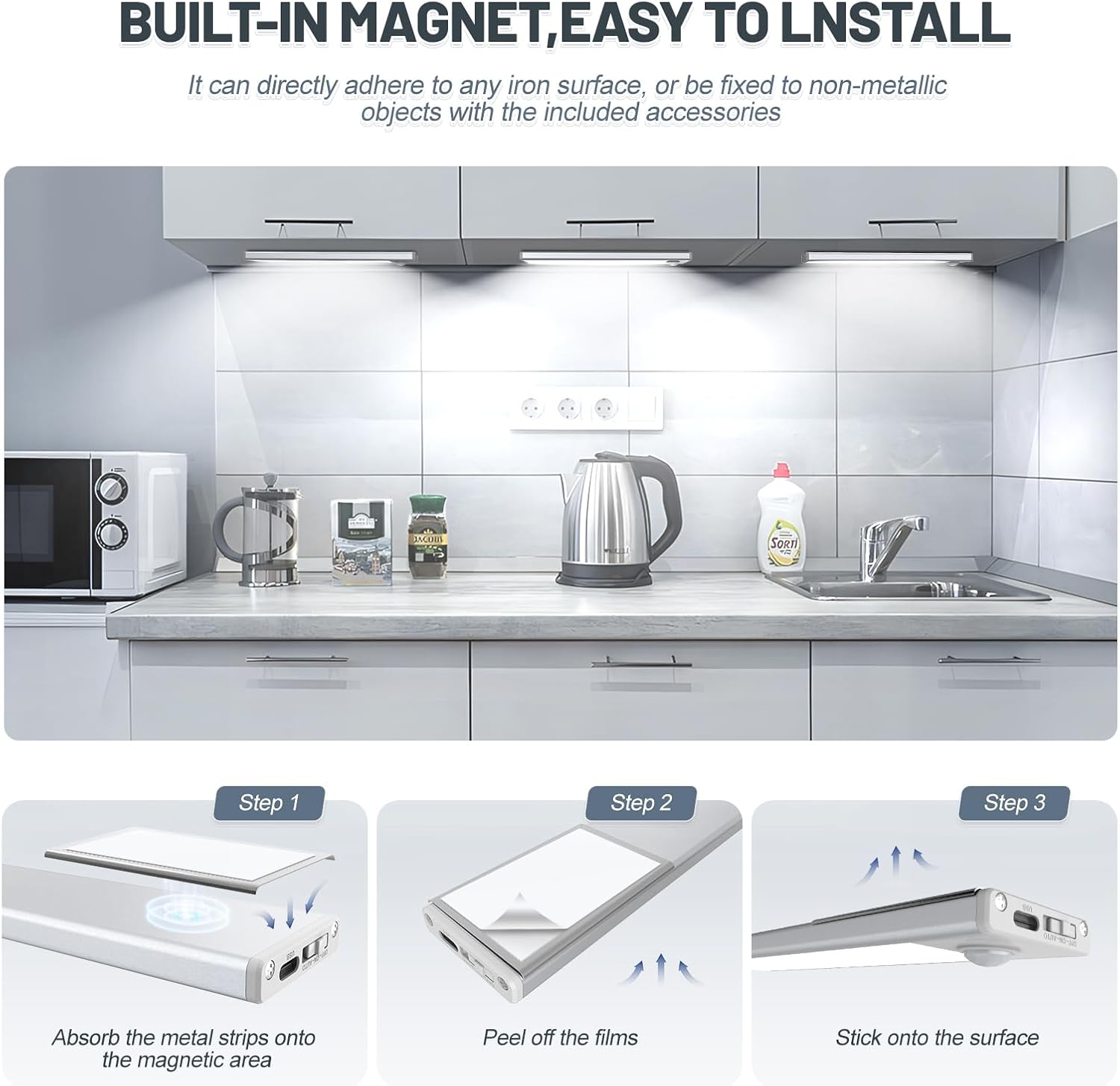 Magnetic LED under cabinet sensor lights, made of metal, powered by rechargeable batteries, 3 adjustable brightness levels, with motion sensor and button control, suitable for kitchens, wardrobes, stairs, wine cabinets, etc., long-lasting large battery Magnetic LED under cabinet sensor lights, made of metal, powered by rechargeable batteries, 3 adjustable brightness levels, with motion sensor and button control, suitable for kitchens, wardrobes, stairs, wine cabinets, etc., long-lasting large battery