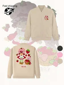 Sweatshirt Featuring Strawberry Shortcake Graphic Print, Streetwear Casual Long Sleeve Fitted Top, Fall Winter Daily Wear, Street Style Jacket