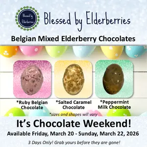 Blessed by Elderberries - Belgian Mixed Elderberry Chocolates - Ruby Chocolate, Peppermint Milk Chocolate, Salted Caramel Chocolate - 4 of each kind