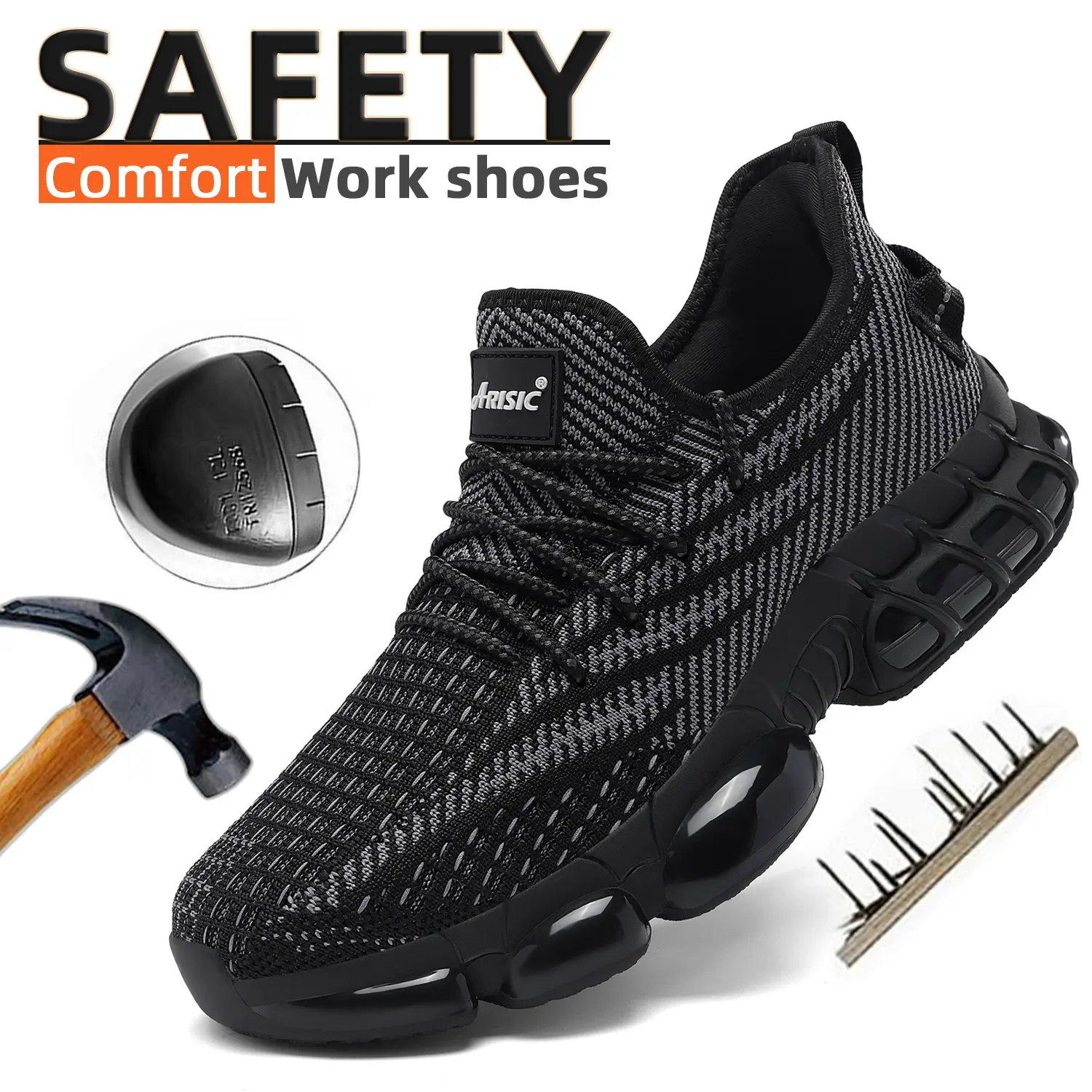 ARISIC Men's Steel Toe Trainers, Lightweight Athletic Work Sneakers for Outdoor Safety and Walking, Walking Shoes, Closed, Worker, Outdoor Work Shoes, Round Toe, Laces