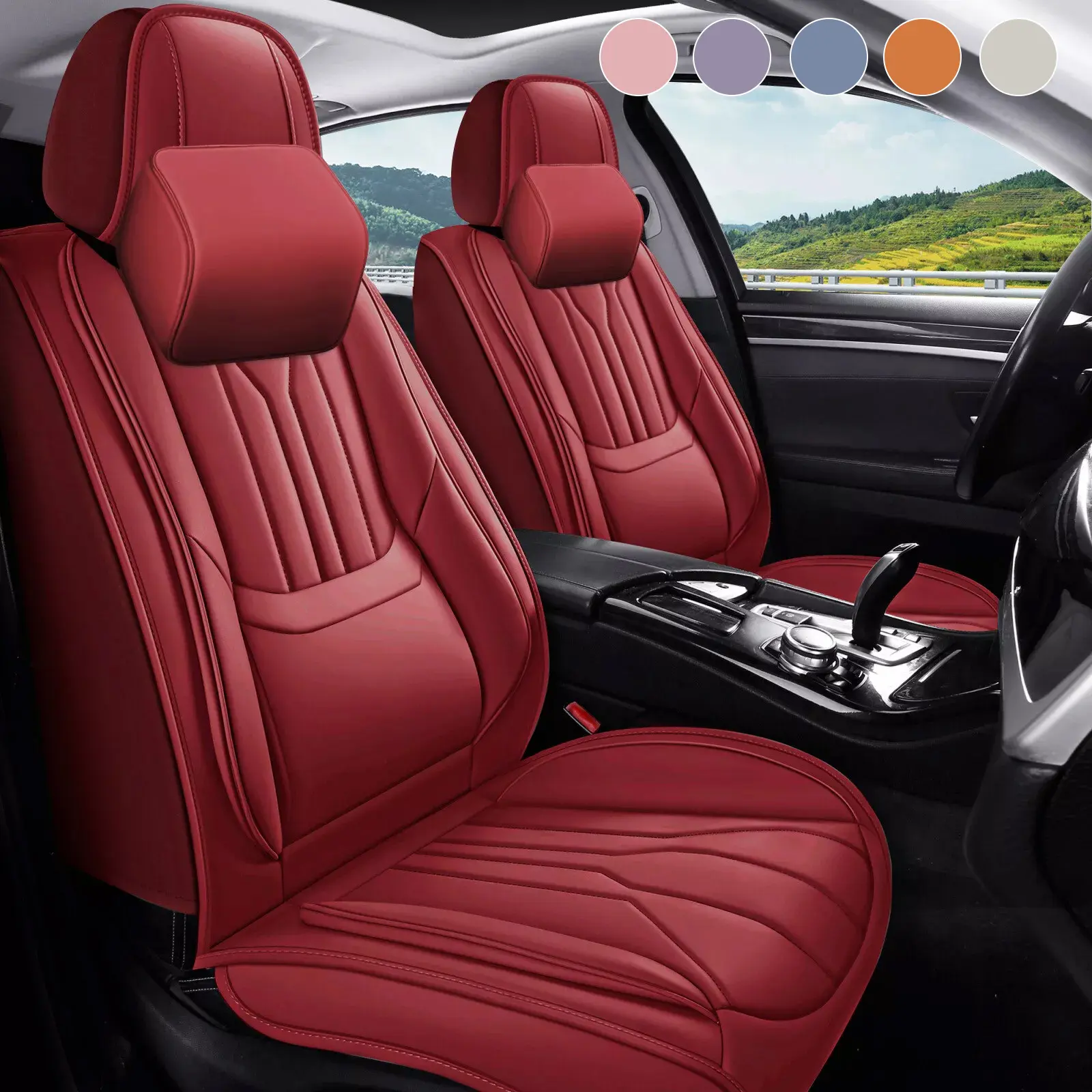 OTOEZ Full Set 5PCS Nappa Leather Car Seat Covers Protector Waterproof Automotive Upholstery Luxury Car Seat Cushion Interior Car Seat Headrest