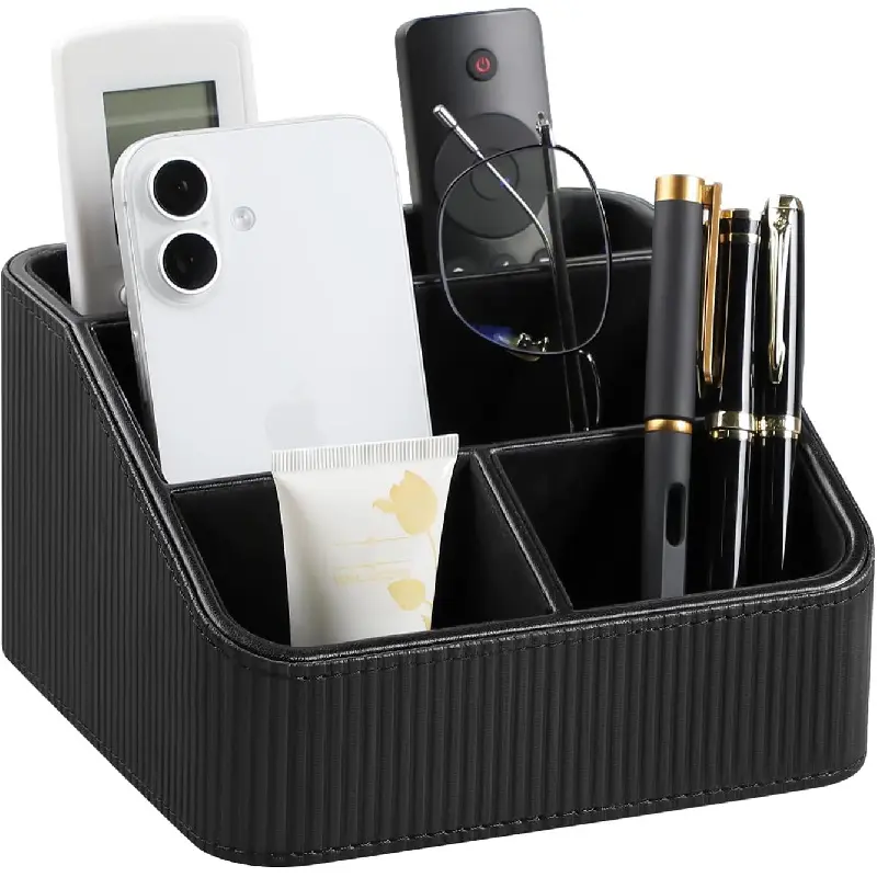 Remote Control Holder with 4 Compartments, PU Leather Small Nightstand Organizer for Home Desk Accessories Office Supplies, Multifunctional Stylish Small Bedside Desktop Organizers (Black)