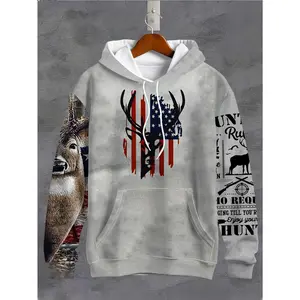 Men's 3D Digital Deer And American Flag Pattern Hoodie With Drawstring And Kangaroo Pocket, Loose Hooded Sweatshirt For Spring & Fall Outdoors Activities
