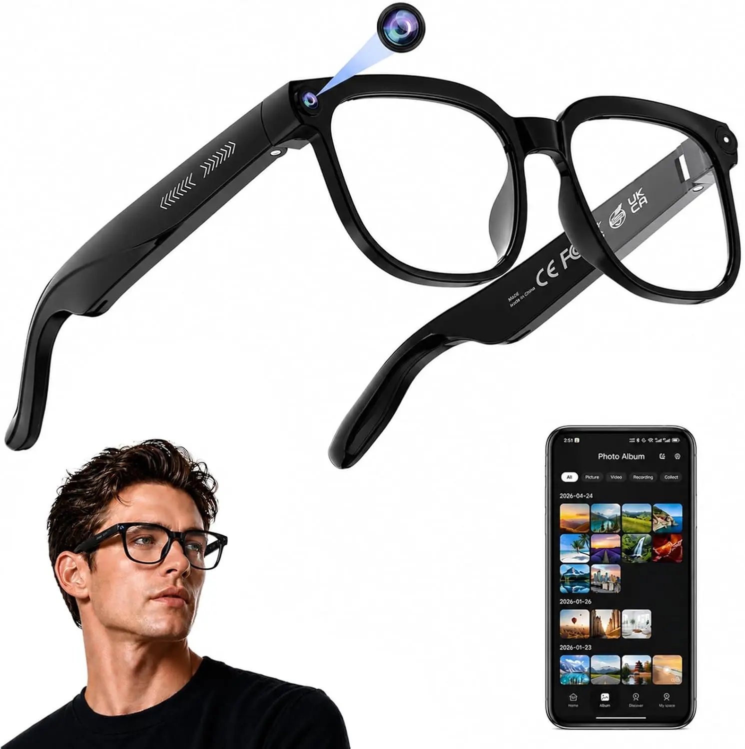 AI Smart Glasses with Camera, 4K HD Video & Photo Capture, Real-Time Translation, Recording Glasses with AI Assistant, Open-Ear Audio, Object Recognition, Bluetooth, for Travel