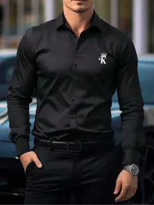 Men's Regular Fit Letter Print Button Front Shirt, Casual Long Sleeve Collared Top for Spring & Fall, Fashion Men's Clothes for Daily Wear, Casual Party Shirt