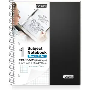 8.5 x 11 (Black) Plastic Cover, 100 Sheets (200 Pages), 4x4 Squares, 1 Subject Graph Paper Spiral Notebook, 1/4" Grid, Pocket Divider, Easy TearOff, 3Hole Punched
