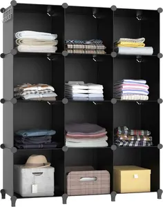 12 Cube Portable Closet Organizers and Storage Shelves, Black Clothes Storage Organizer for Kids, Fits Bedroom Bathroom Closet Office