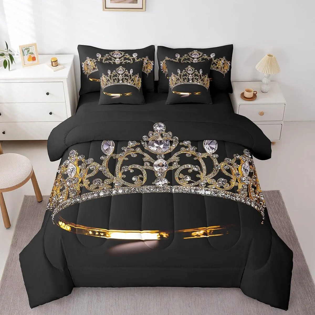 Feelyou 7-Piece Gold Crown Bed-in-a-Bag Bedding Set - High Tenacity, Machine Washable, Multi-Size Luxury Queen Comforter Set with Diamond-Patterned Princess Sheets, Bedding Sets