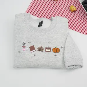 Book Lover Fall Embroidered Sweatshirt, Cozy Autumn Pumpkin Coffee Crewneck, Cute Bookish Gift for Readers, Women’s Fall Aesthetic Sweatshirt