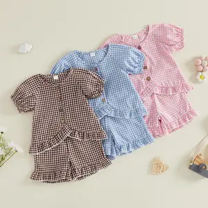 Canrulo Toddler Kids Baby Girl Plaid Outfit Summer Short Sleeve Ruffle Button Tops Shorts Two Piece Gingham Clothes Set
