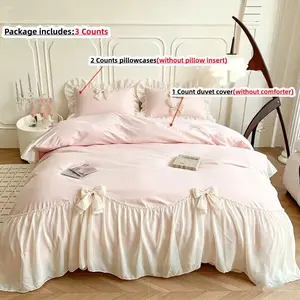 3pcs Princess Style Lace Bedding Set with Bow Decor, Quilt Cover and Pillowcase, Elegant Bedroom Accessories, No Core Included