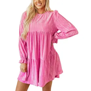 Asvivid Women's Pink Flounce Sleeve Tiered Ruffled Velvet Mini Dress with Pockets Casual Womenswear Everyday Elegant Valentine's Day Dresses