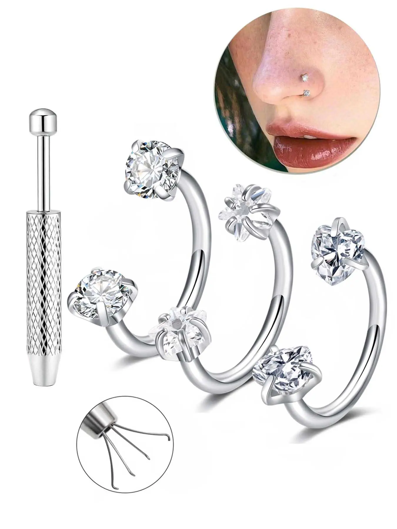 20gauge Horseshoe Nose Rings With Piercing Ball Grabber Tool, Heart Star Round CZ Internal Threaded Horseshoe Septum Ring Cartilage Tragus Earrings Helix Piercing Jewelry, Helix Pierced Ring Labret Lip Hoops Hypoallergenic Stainless Steel 8mm