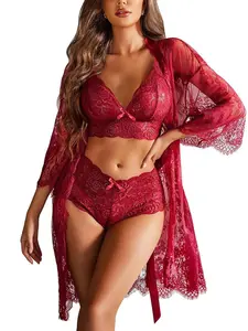 Women's Sheer Lace Pajama Set, Romantic Adjustable Lingerie Top & Bow Decor Panty & Belted Lounge Robe, Women's Sleepwear for All Seasons