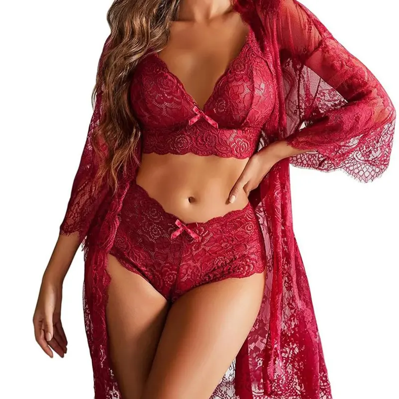 Women's Sheer Lace Underwear Pajama Set, Romantic Lingerie Nightwear with Adjustable Straps Fitted Top, Bow Decor Panty and Belted Lounge Robe, Sleepwear & Loungewear for All Seasons