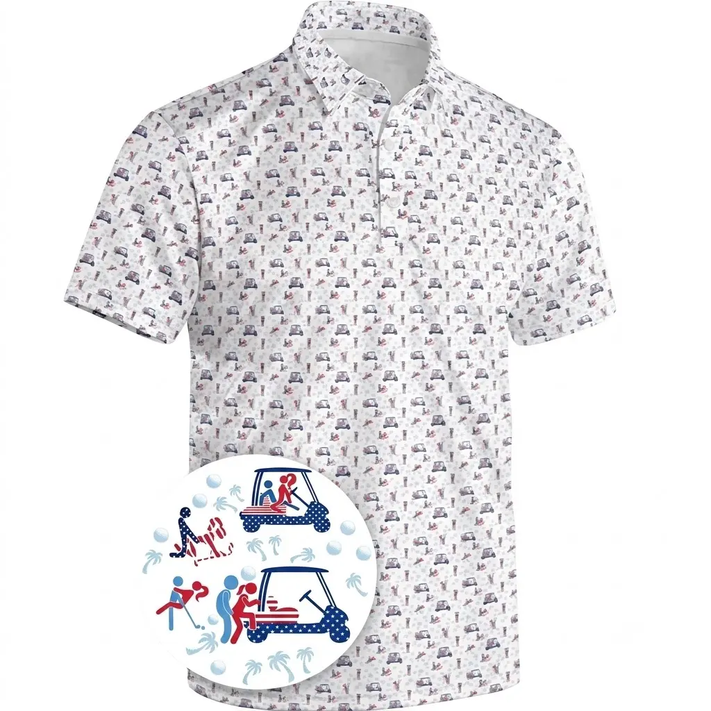 Dry Fit Men's Sports Polo White Humorous USA Golf Cart Made in USA