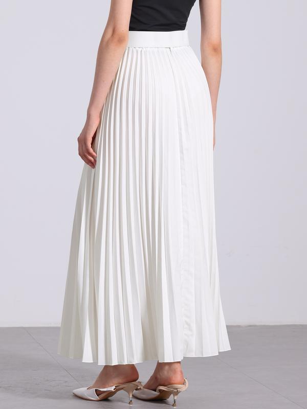 INSPIRE CHIC Flowy Pleated Elastic High Waist with Belt Swing A-line Chic Maxi Skirt White
