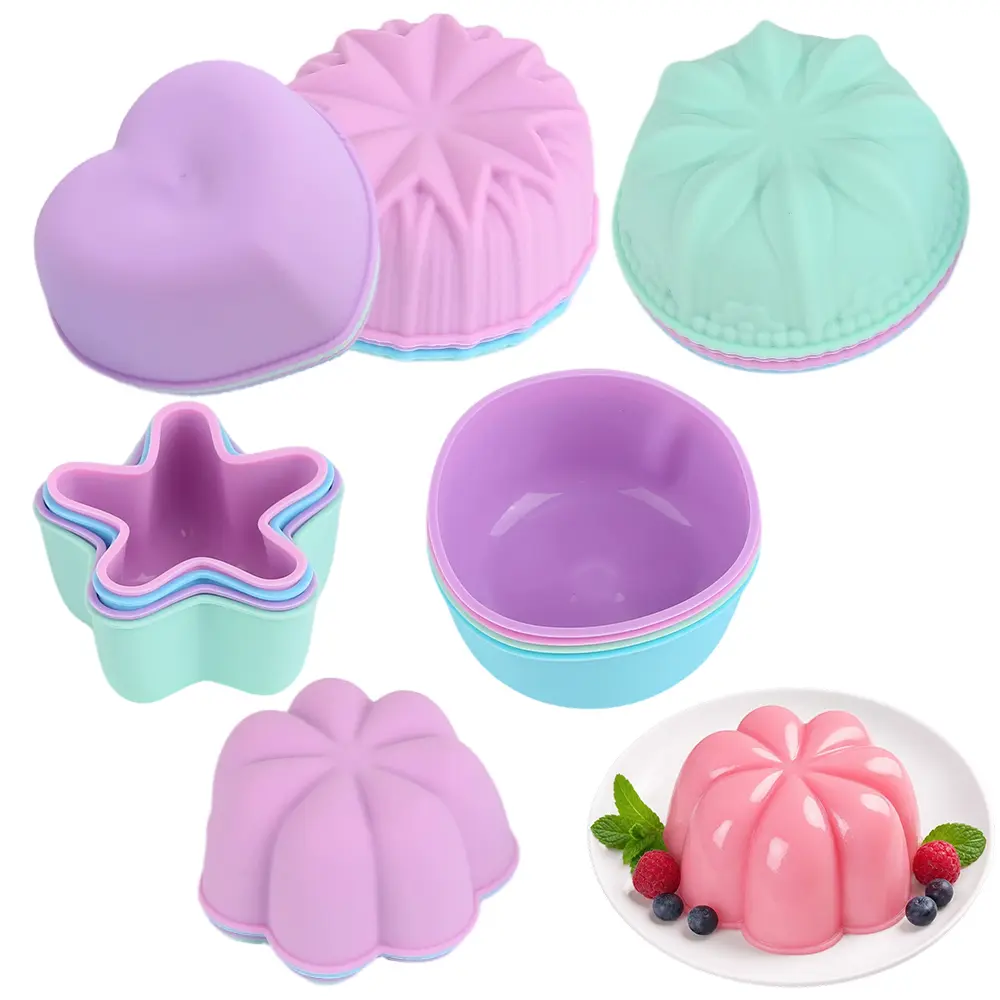 24pcs Cute Shapes Silicone Baking Cups, Heart Star Flower Round Non-Stick Muffin Molds, Reusable Mini Cake Egg Tart Jelly Pudding Molds for Air Fryer Oven Microwave Kitchen Baking Tools