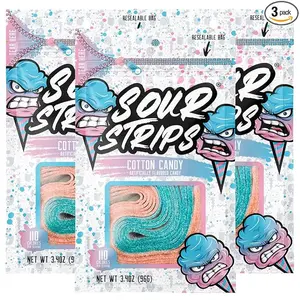 Sour Strips Flavored Sour Candy Strips, Deliciously Sour Chewy Candy Belts, Vegetarian Candies, 3 Pack (Cotton Candy (3-Pack))